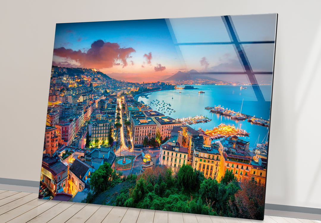 Glaswandkunst mit Skyline von Neapel – Blick auf die Bucht bei Sonnenuntergang und die Stadtlandschaft