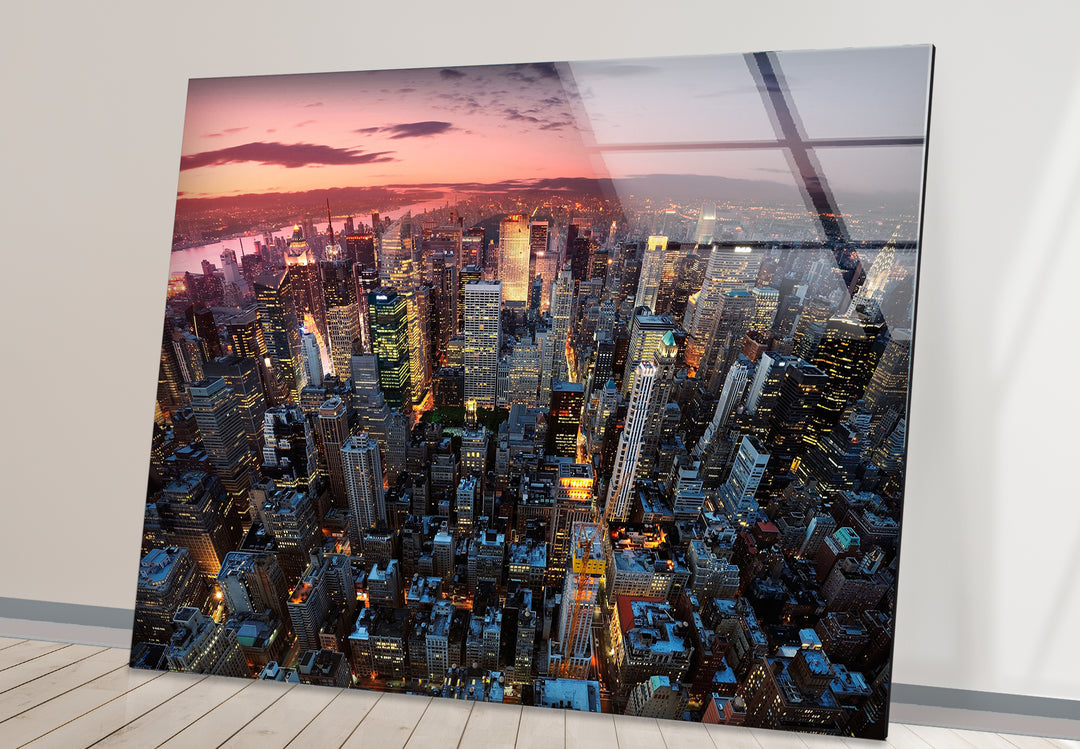 New York City Glaswandkunst – Luftaufnahme bei Sonnenuntergang
