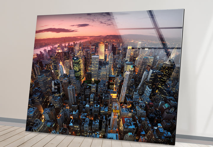 New York City Glaswandkunst – Luftaufnahme bei Sonnenuntergang