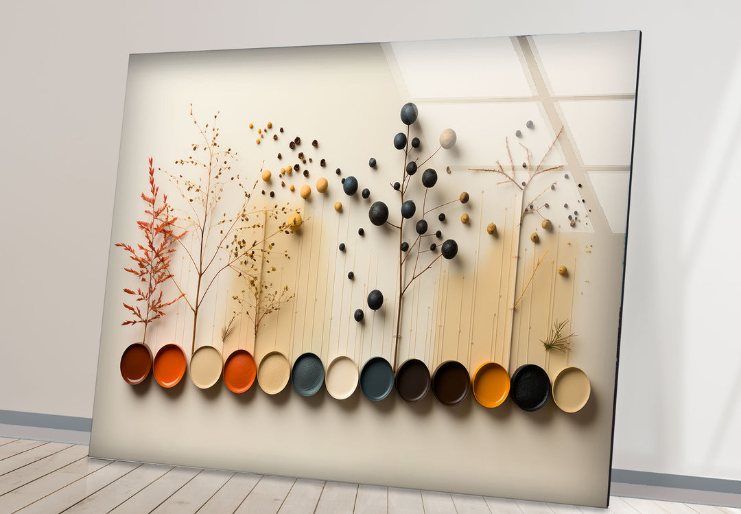 Moderne Naturpalette Wandkunst – Minimalistische Bäume &amp; Farbpunkte Glasdruck
