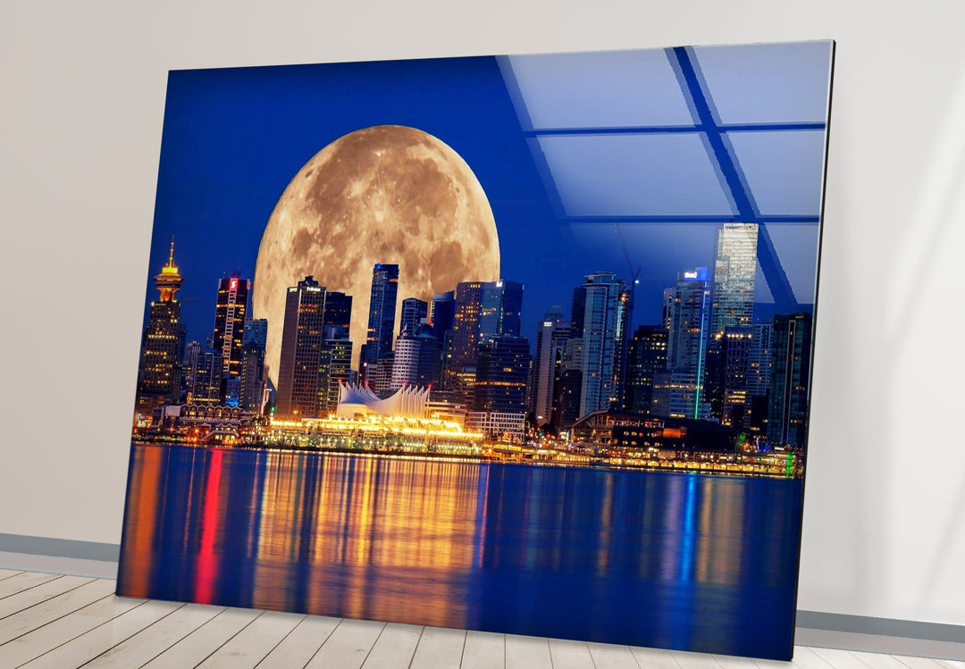 Vancouver Skyline Glass Wall Art – Supermoon Over City Lights
