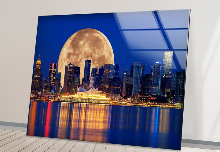 Vancouver Skyline Glass Wall Art – Supermoon Over City Lights