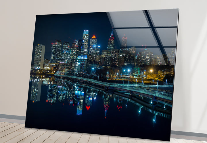 Philadelphia Glaswandkunst – Skyline-Reflexionen bei Nacht