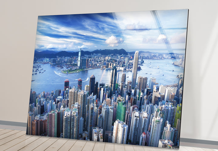 Glaswandkunst mit Skyline von Hongkong – Stadtbild und Hafen aus der Luft
