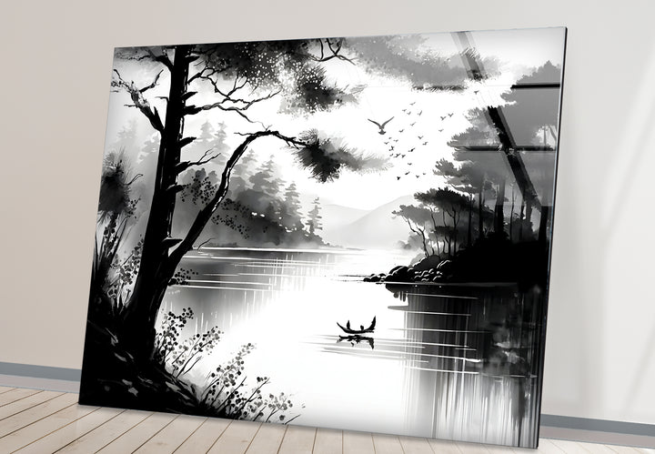 Captivating black and white abstract art of a lake, blending soft contrasts with creative details.
