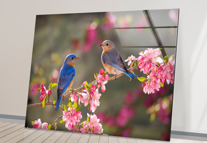 Blaumeisen auf blühendem Baum, Glaswandkunst – Frühlingsnaturszene