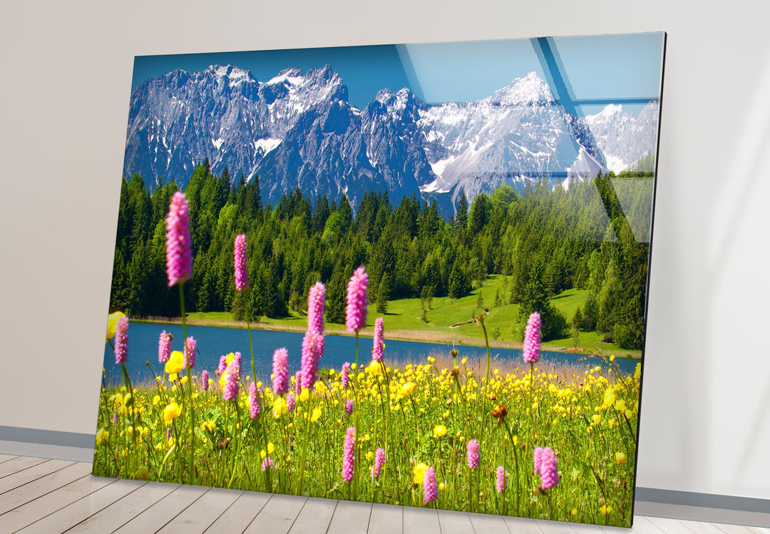 Alpine Meadow Glass Wall Art – Mountain Landscape & Wildflowers