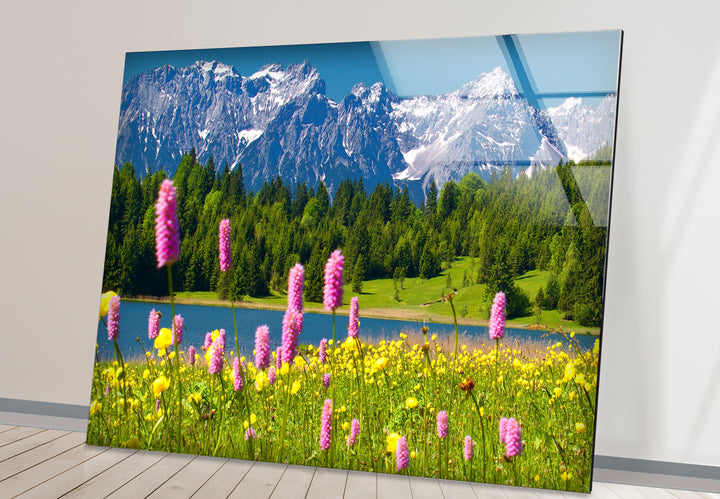 Alpine Meadow Glass Wall Art – Mountain Landscape & Wildflowers