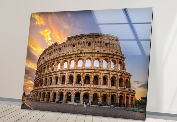 Rome Colosseum Glass Wall Art – Historic Landmark at Sunset