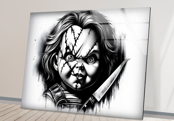 Modern black and white paintings of Chucky, blending dark themes with artistic sophistication.