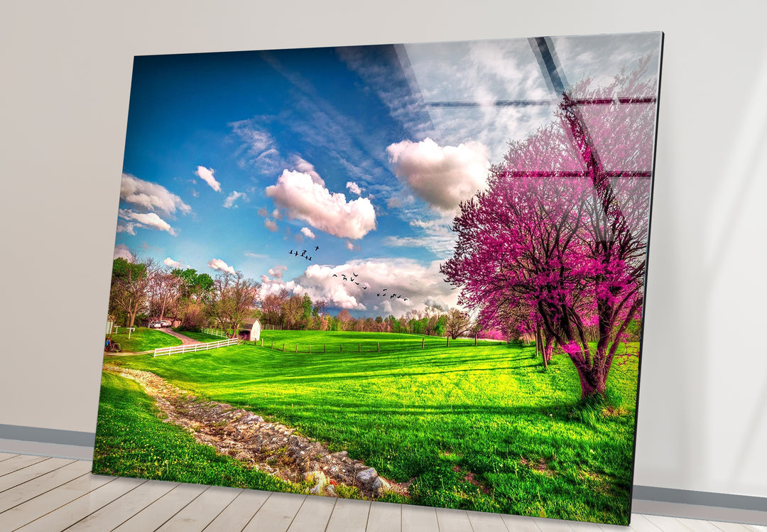 Frühlingswiese Glaswandkunst – Lebendige Landschaft &amp; blühende Bäume