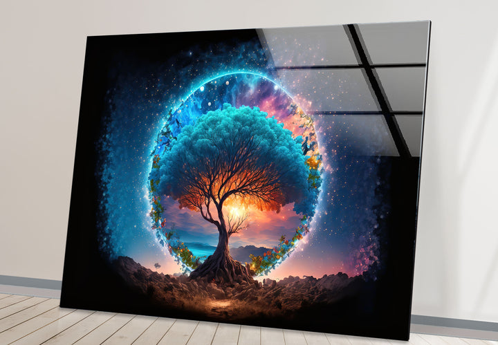 Himmlischer Lebensbaum Wandkunst – Mystisches kosmisches Glas-Wanddekor
