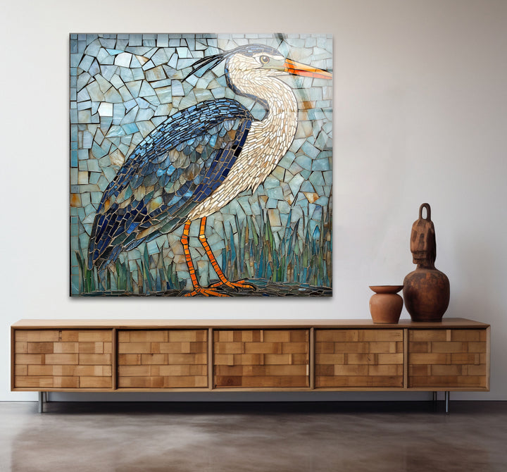 Mosaic Majesty – Blauer Reiher, Glaswandkunst