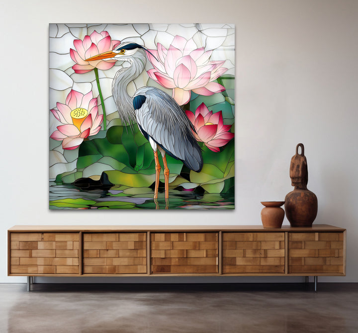 Lotus Serenity – Reiher &amp; rosa Seerosen Glaswandkunst
