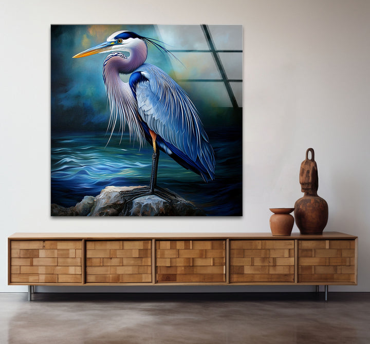 Midnight Grace – Blauer Reiher, realistische Glaswandkunst