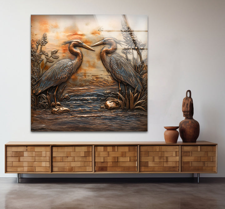 Goldene Reflexion – Zwillingsreiher in Bronze-Relief-Glaswandkunst