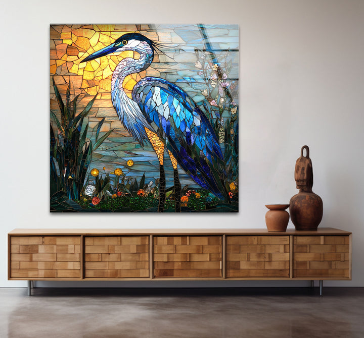 Sunset Majesty – Mosaikreiher-Wandkunst aus Glas