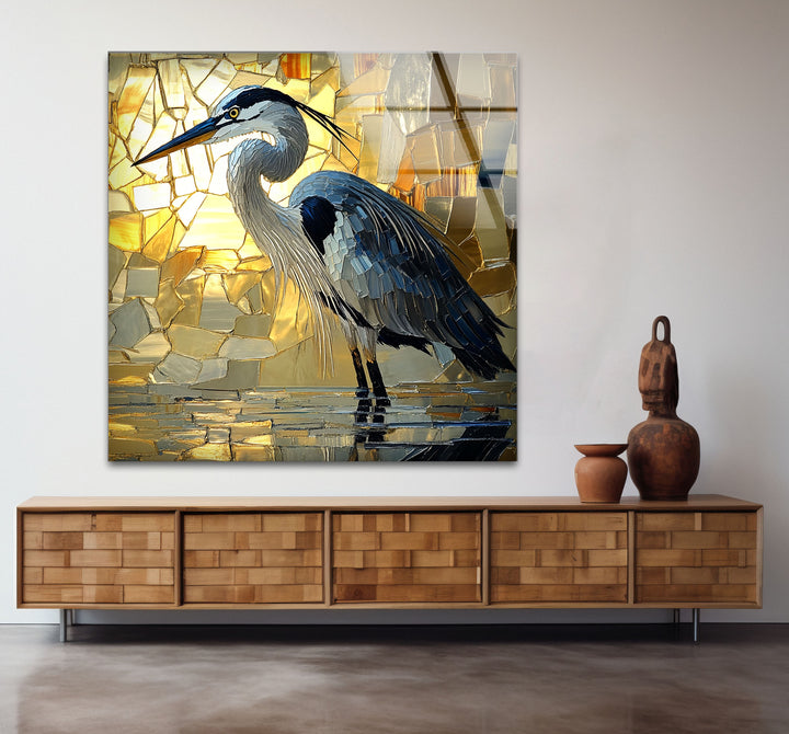 Goldenes Licht – Reiher in Mosaik-Leuchtglas-Wandkunst
