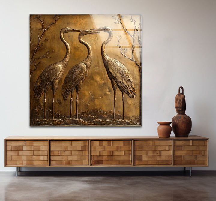 Zeitloses Trio – Bronzenes Kranich-Relief-Glaswandkunstwerk