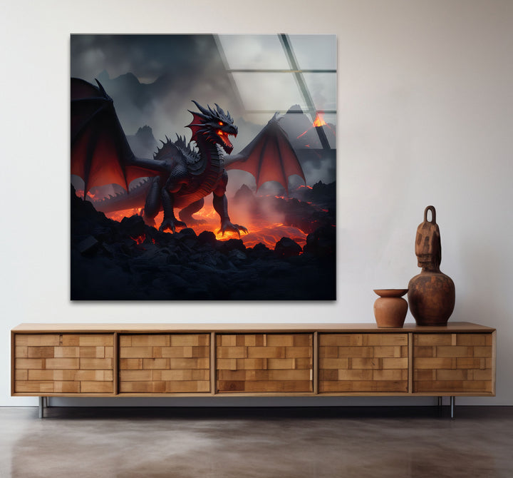 A bold red dragon with glowing eyes, captured in stunning detail on premium glass wall art.
