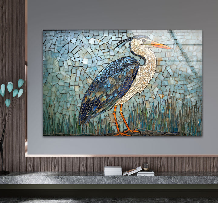 Mosaic Majesty – Blauer Reiher, Glaswandkunst
