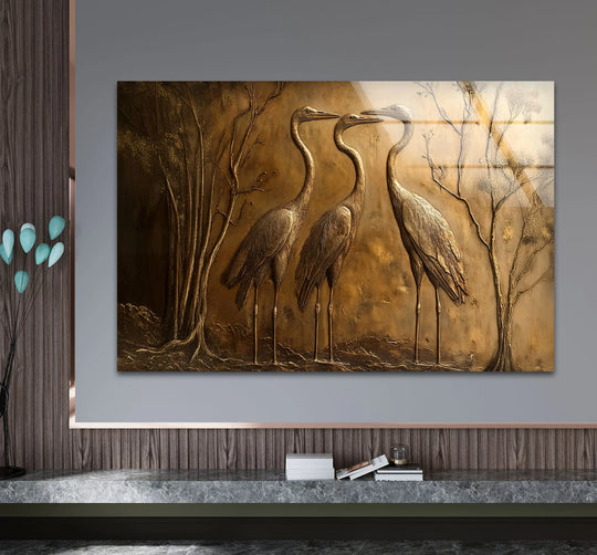 A vintage bronze relief of three cranes stands out on this unique metal wall art piece.