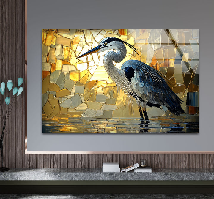 Goldenes Licht – Reiher in Mosaik-Leuchtglas-Wandkunst