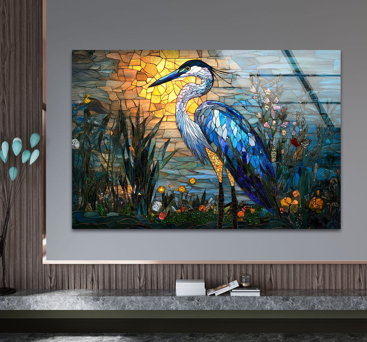 Sunset Majesty – Mosaikreiher-Wandkunst aus Glas