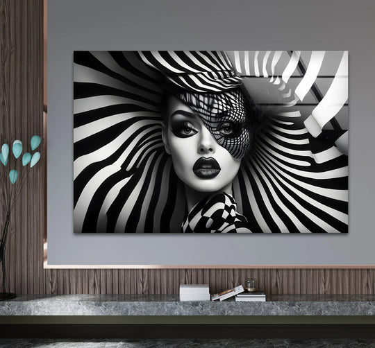 Abstract black and white woman face glass wall artwork showcases a captivating layering effect with bold stripes and intricate netting.