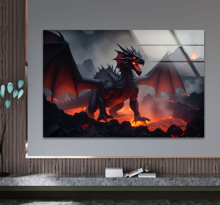 Experience the intensity of a red dragon in a fiery landscape, expertly printed on high-quality tempered glass.
