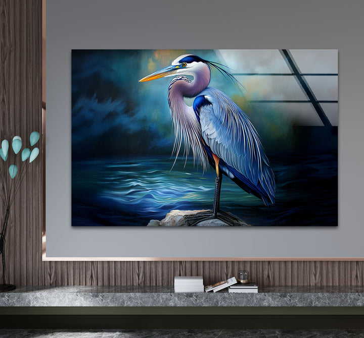 Midnight Grace – Blauer Reiher, realistische Glaswandkunst