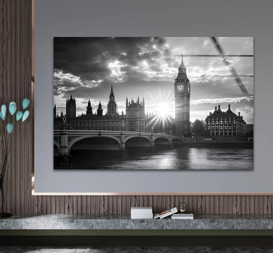 Featuring strong geometric elements, the black and white Westminster Bridge-London skyline creates a striking glass wall artwork focal point.