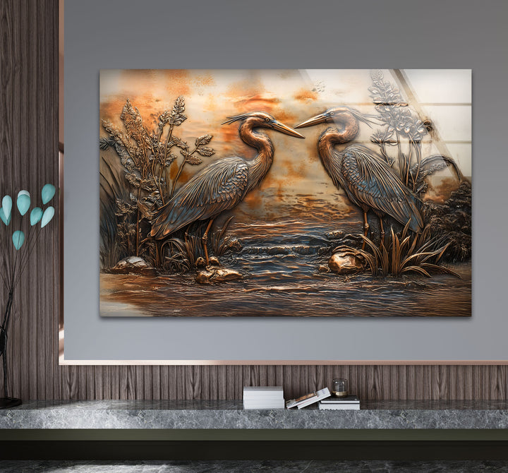 Goldene Reflexion – Zwillingsreiher in Bronze-Relief-Glaswandkunst