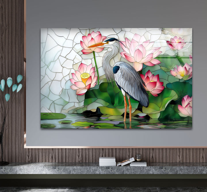 Lotus Serenity – Reiher &amp; rosa Seerosen Glaswandkunst