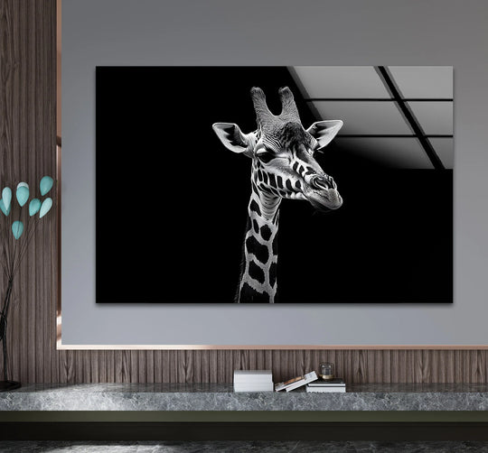 Dramatic black and white giraffe glass art painting contrasts the animal's striking pattern against a deep, dark background.