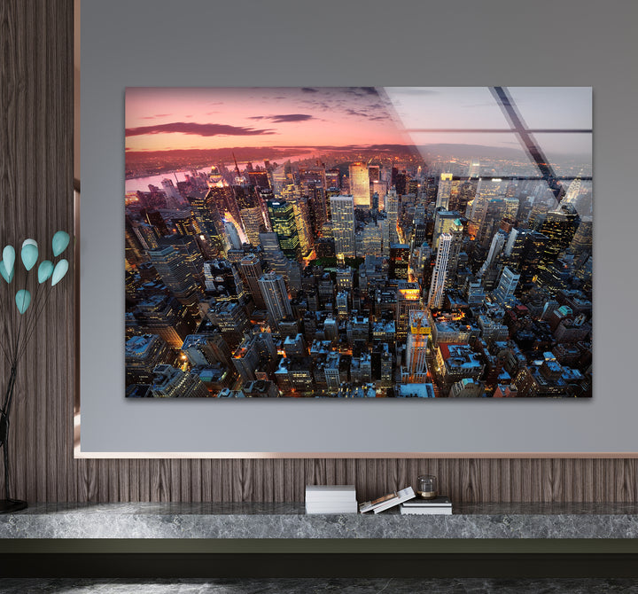 New York City Glaswandkunst – Luftaufnahme bei Sonnenuntergang