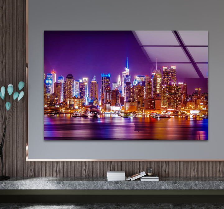 New York City Glaswandkunst – Beleuchtete Skyline bei Nacht