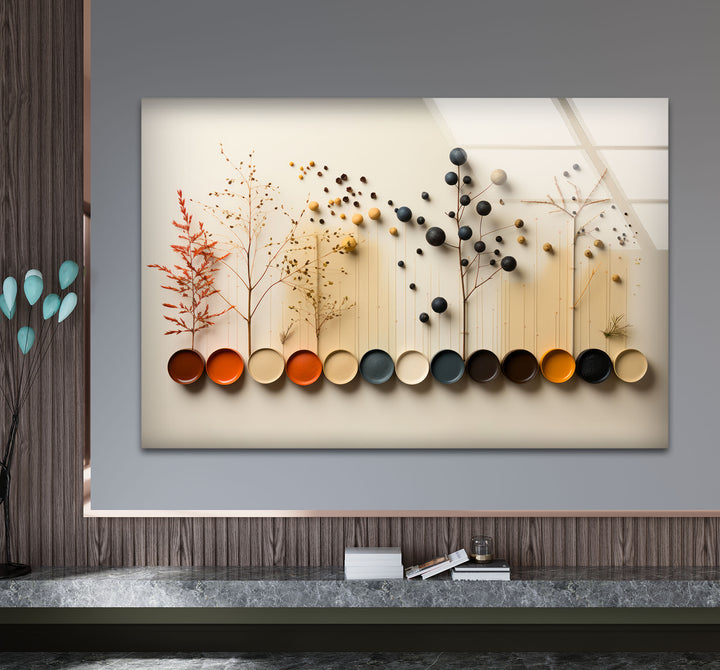 Moderne Naturpalette Wandkunst – Minimalistische Bäume &amp; Farbpunkte Glasdruck