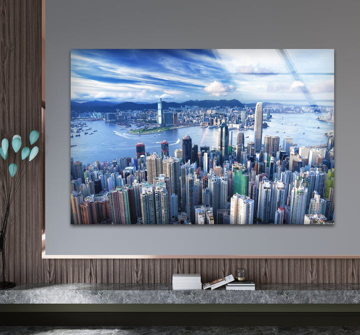 Glaswandkunst mit Skyline von Hongkong – Stadtbild und Hafen aus der Luft
