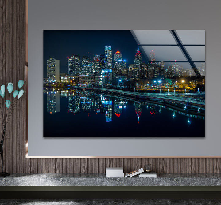 Philadelphia Glaswandkunst – Skyline-Reflexionen bei Nacht