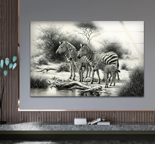The softest element in this black and white zebra family glass wall art are the gentle stripes of the young zebra.