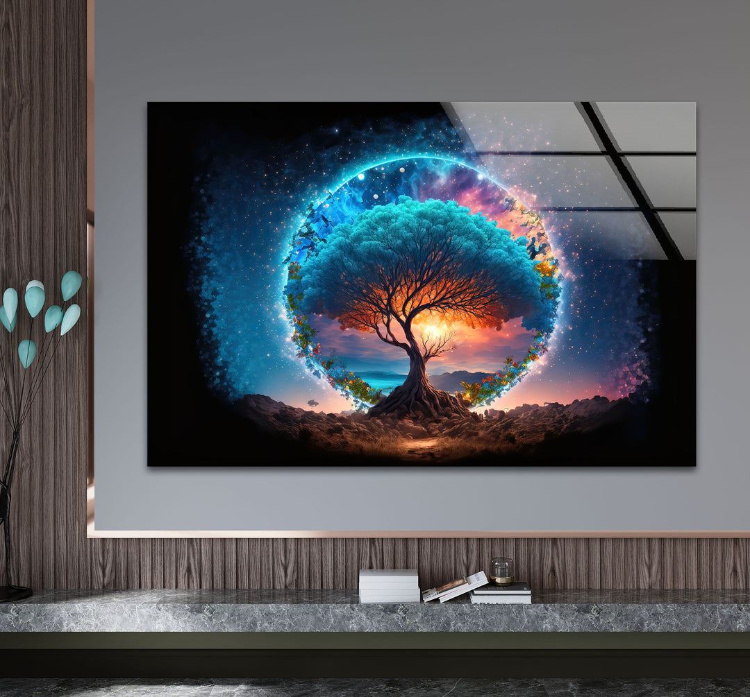 Himmlischer Lebensbaum Wandkunst – Mystisches kosmisches Glas-Wanddekor
