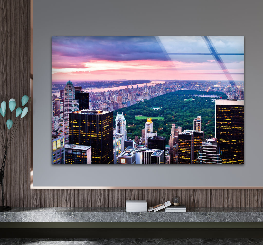 Glaswandkunst New York City – Skyline und Blick auf den Sonnenuntergang im Central Park