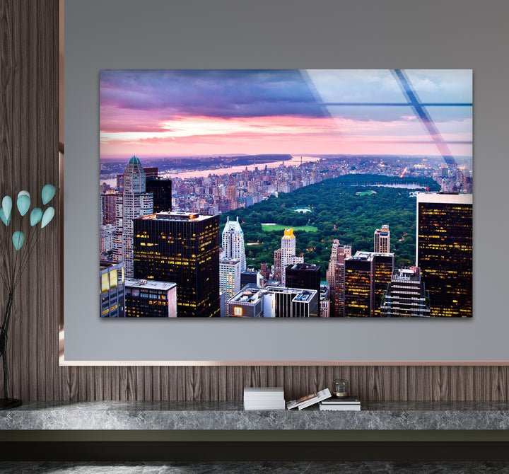 Glaswandkunst New York City – Skyline und Blick auf den Sonnenuntergang im Central Park