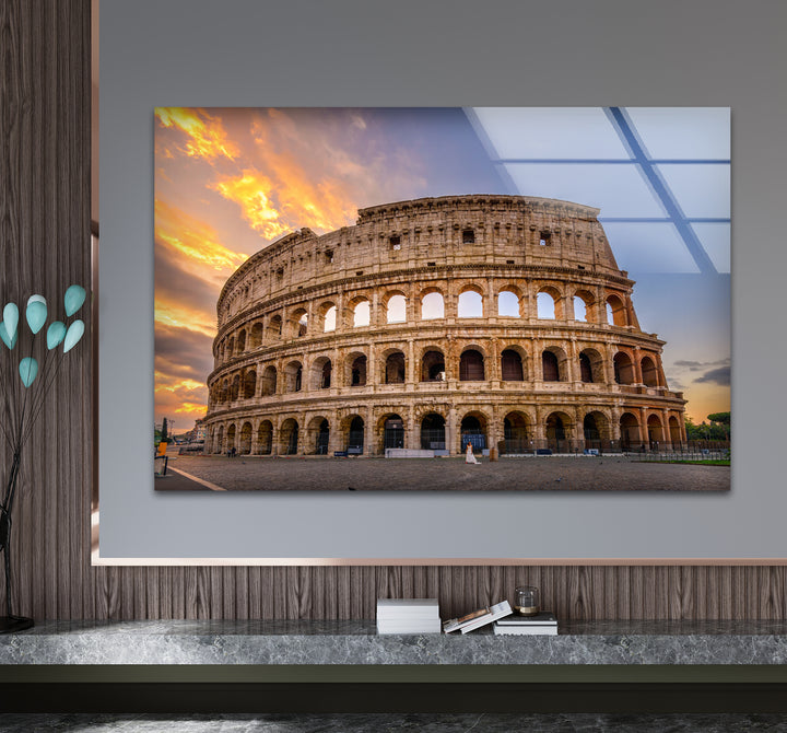 Rome Colosseum Glass Wall Art – Historic Landmark at Sunset