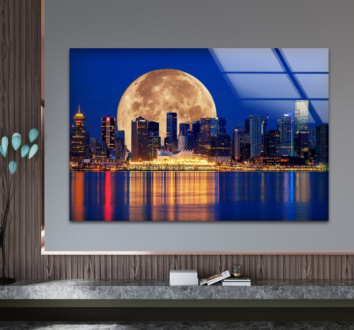 Vancouver Skyline Glass Wall Art – Supermoon Over City Lights