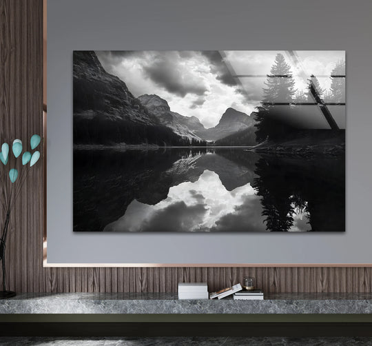 Layered reflections create depth in this black and white lake landscape decorative wall art, a serene scene captured on glass.