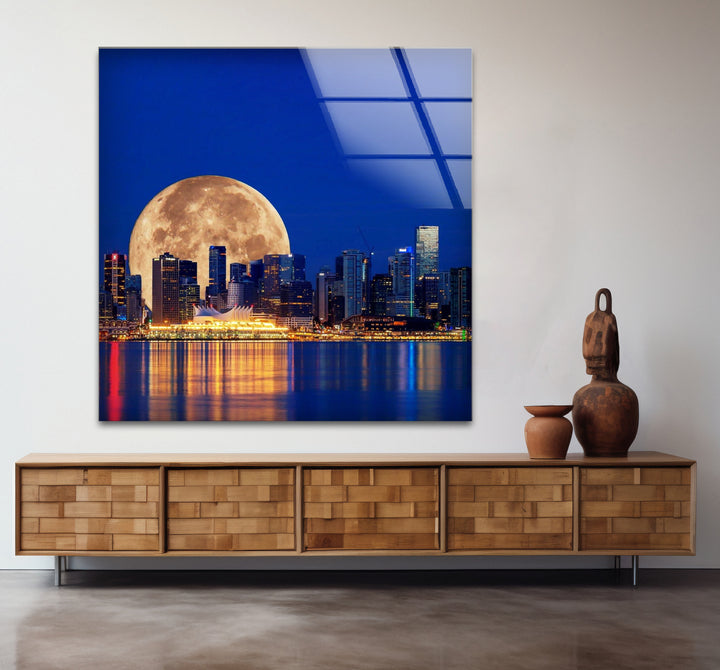 Vancouver Skyline Glass Wall Art – Supermoon Over City Lights