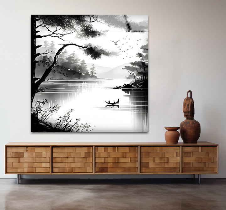 Modern black and white paintings of a lake view, emphasizing the tranquility of nature in monochrome.