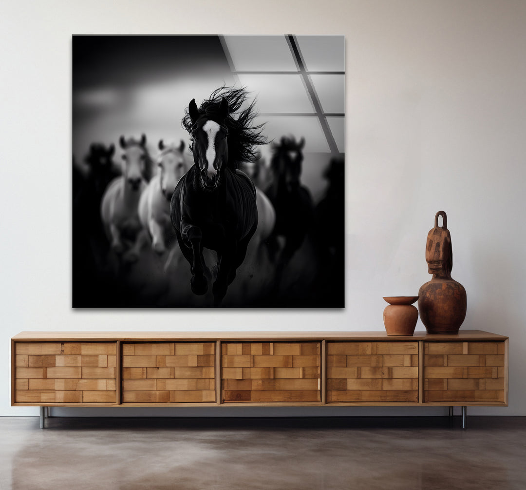 Stylish black and white framed art capturing the beauty of horses in full stride.